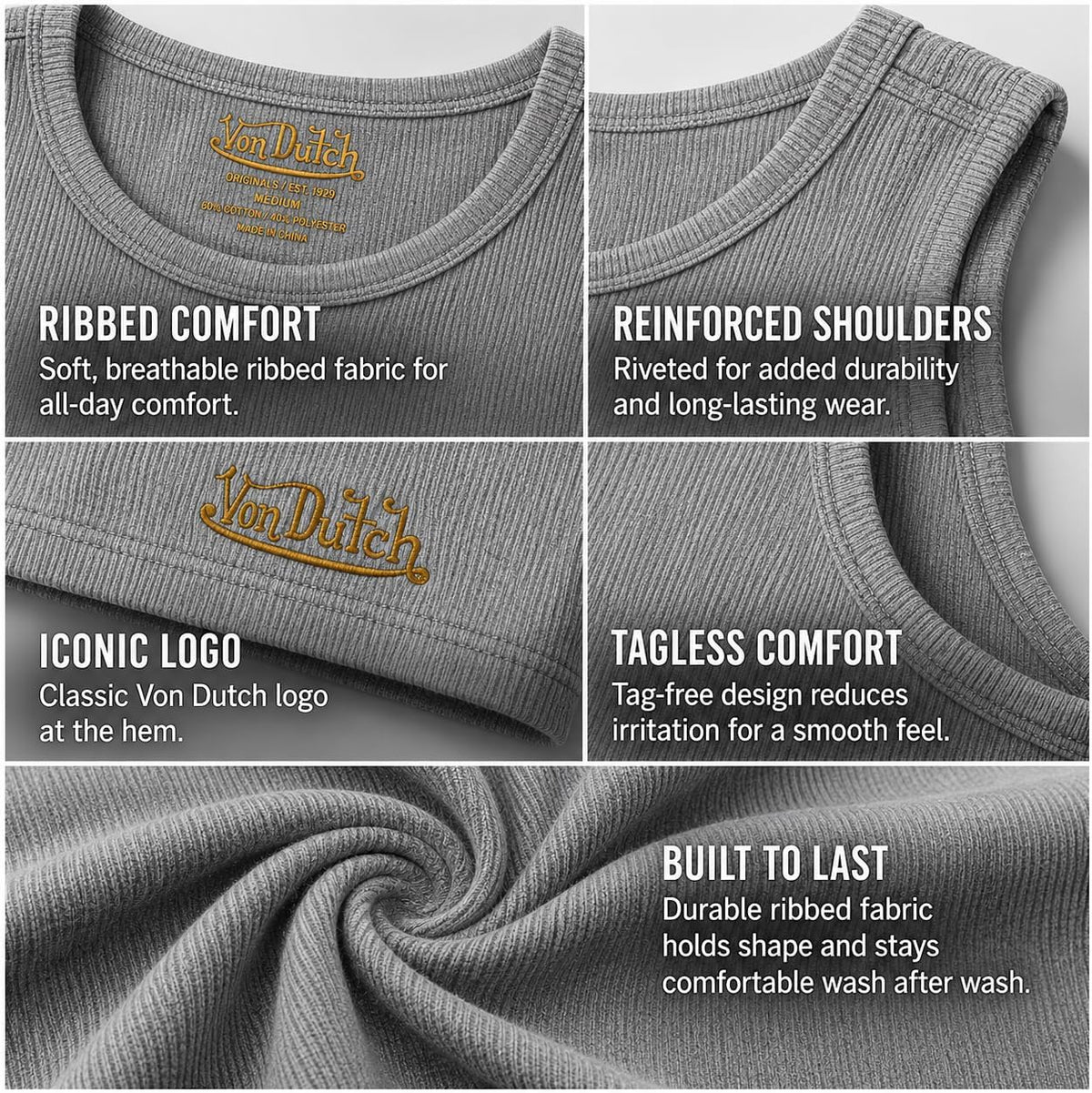 Von Dutch Mens Tank Tops 5 Pack Soft Cotton Ribbed Sleeveless Undershirts