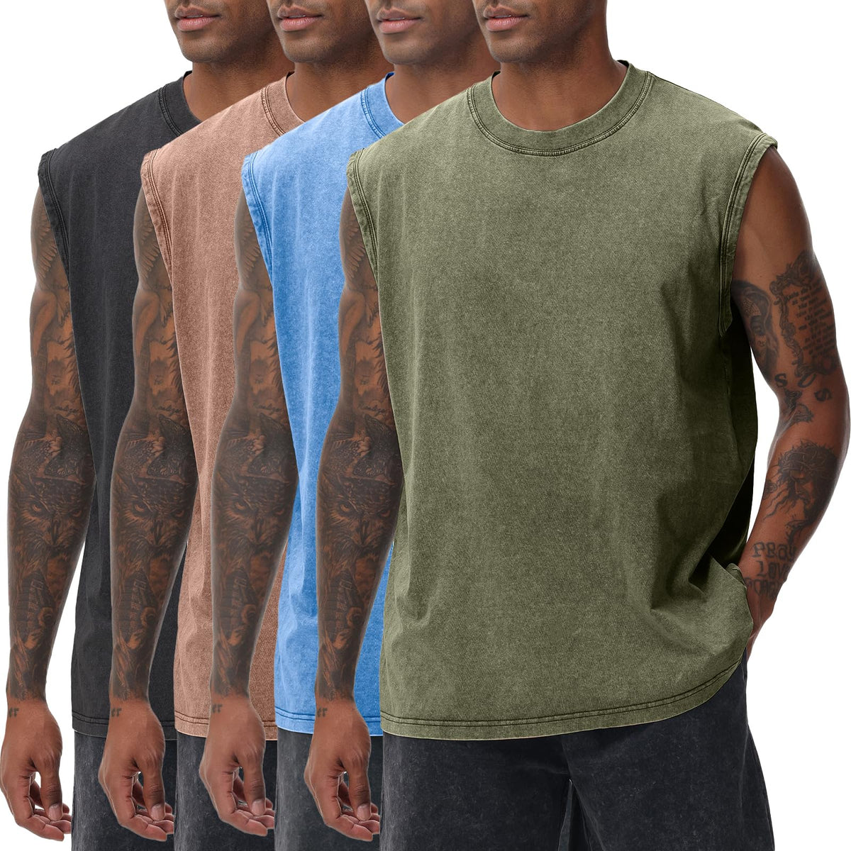 Mens Workout Tank Tops Sleeveless Tee Shirts Men Muscle Shirt Gym Acid Wash T Shirts Running Beach Loose Fit Tee