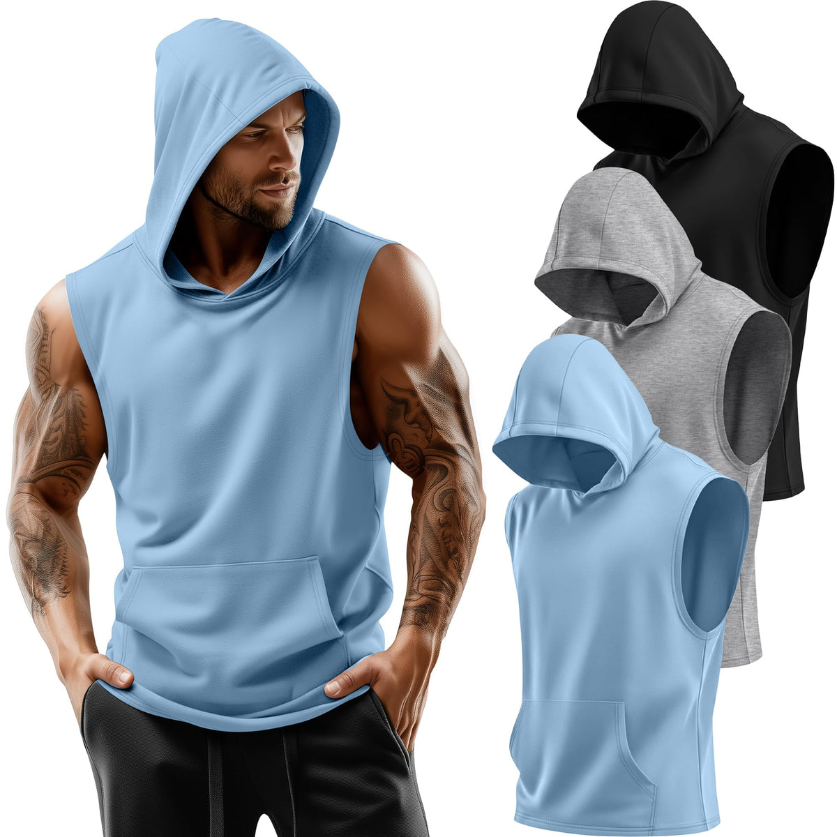 3 Pack Men's Workout Hooded Tank Tops