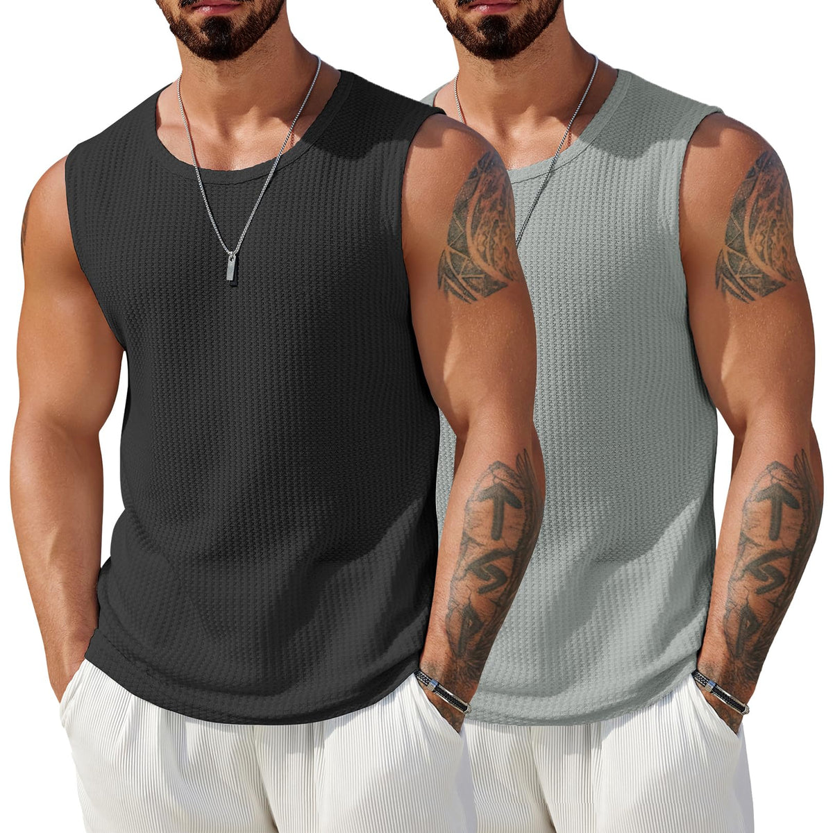 COOFANDY Mens Casual Tank Tops 2 Pack Waffle Knit Sleeveless Shirt Breathable Tank Shirts Summer Muscle Tee