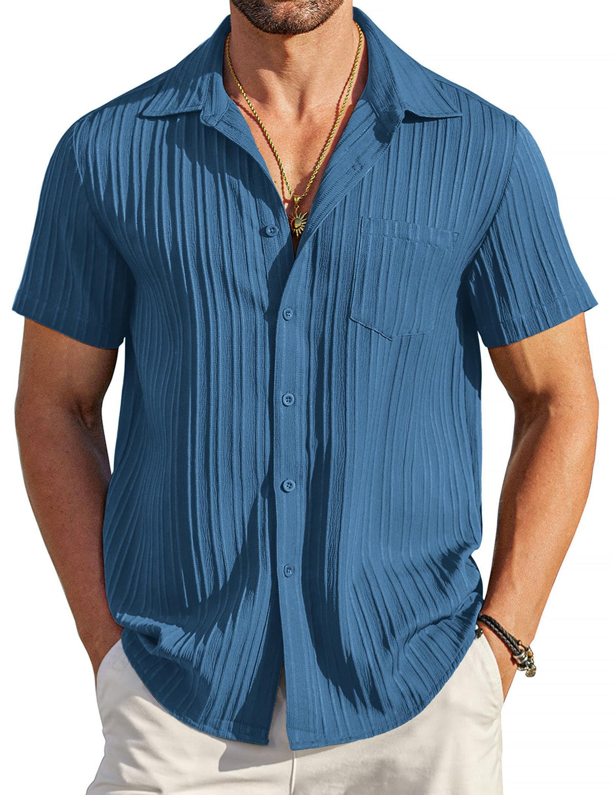 COOFANDY Men's Casual Button Down Shirts Short Sleeve Textured Summer Beach Shirt with Pocket