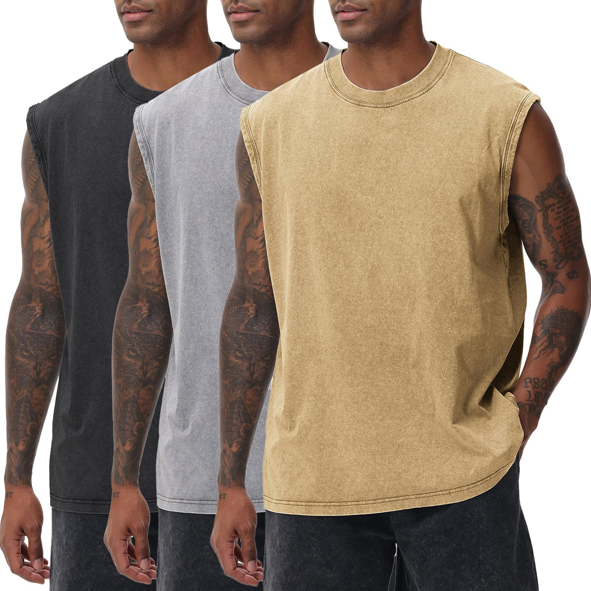 Mens Workout Tank Tops Sleeveless Tee Shirts Men Muscle Shirt Gym Acid Wash T Shirts Running Beach Loose Fit Tee