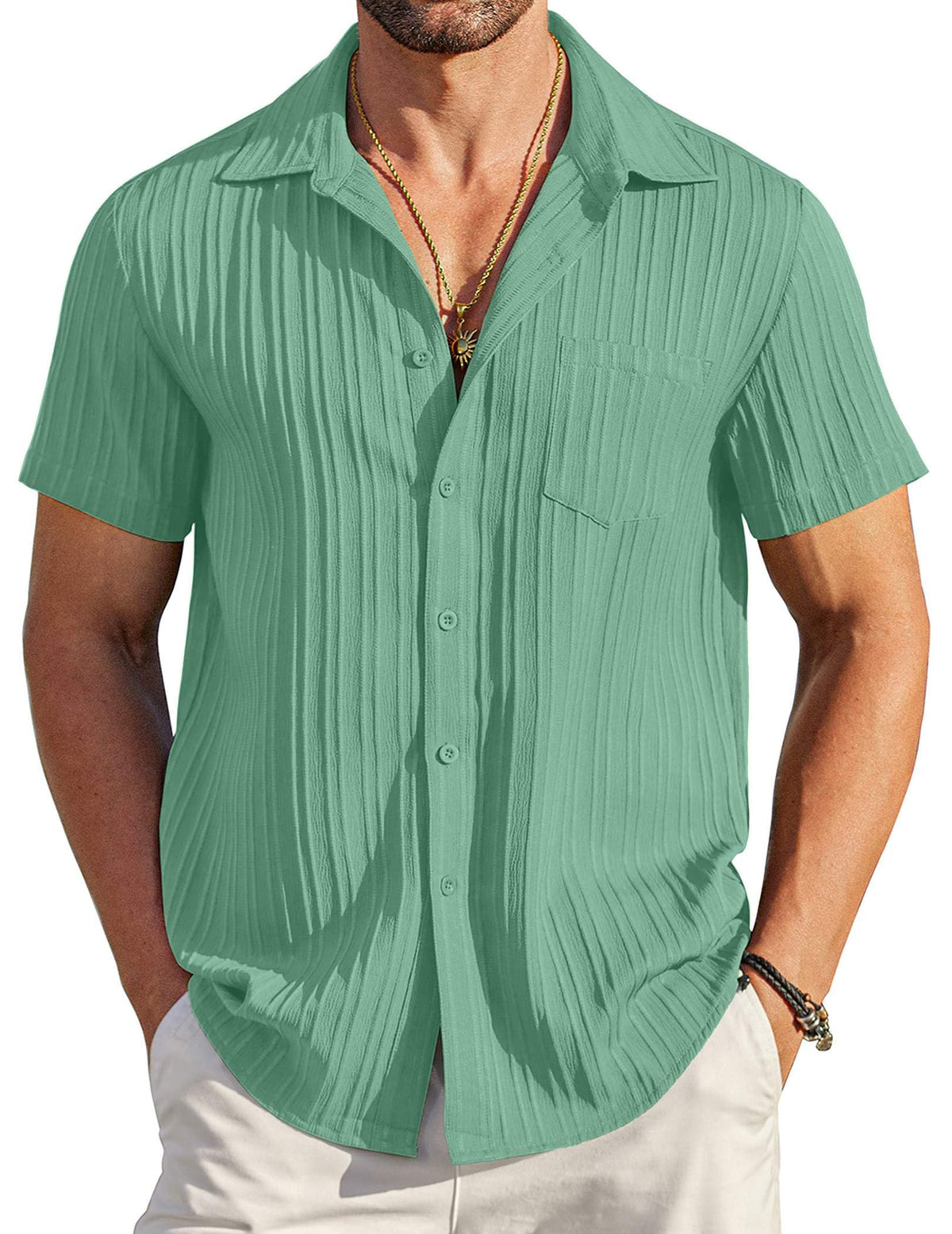 COOFANDY Men's Casual Button Down Shirts Short Sleeve Textured Summer Beach Shirt with Pocket