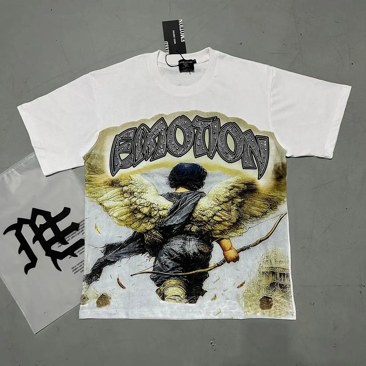 RMIXED EMOTION Rhinestone Graphic T-Shirt Men Women Oversized Cotton Tee Short Sleeve Crew Neck Streetwear Top Angel Print Gothic Y2K Hip Hop Casual Summer Shirt