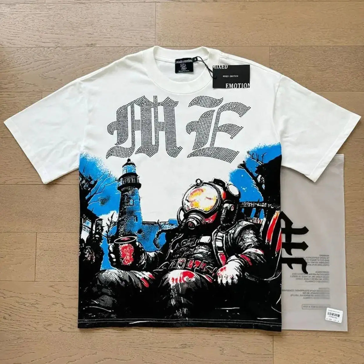 RMIXED EMOTION Rhinestone Graphic T-Shirt Men Women Oversized Cotton Tee Short Sleeve Crew Neck Streetwear Top Angel Print Gothic Y2K Hip Hop Casual Summer Shirt