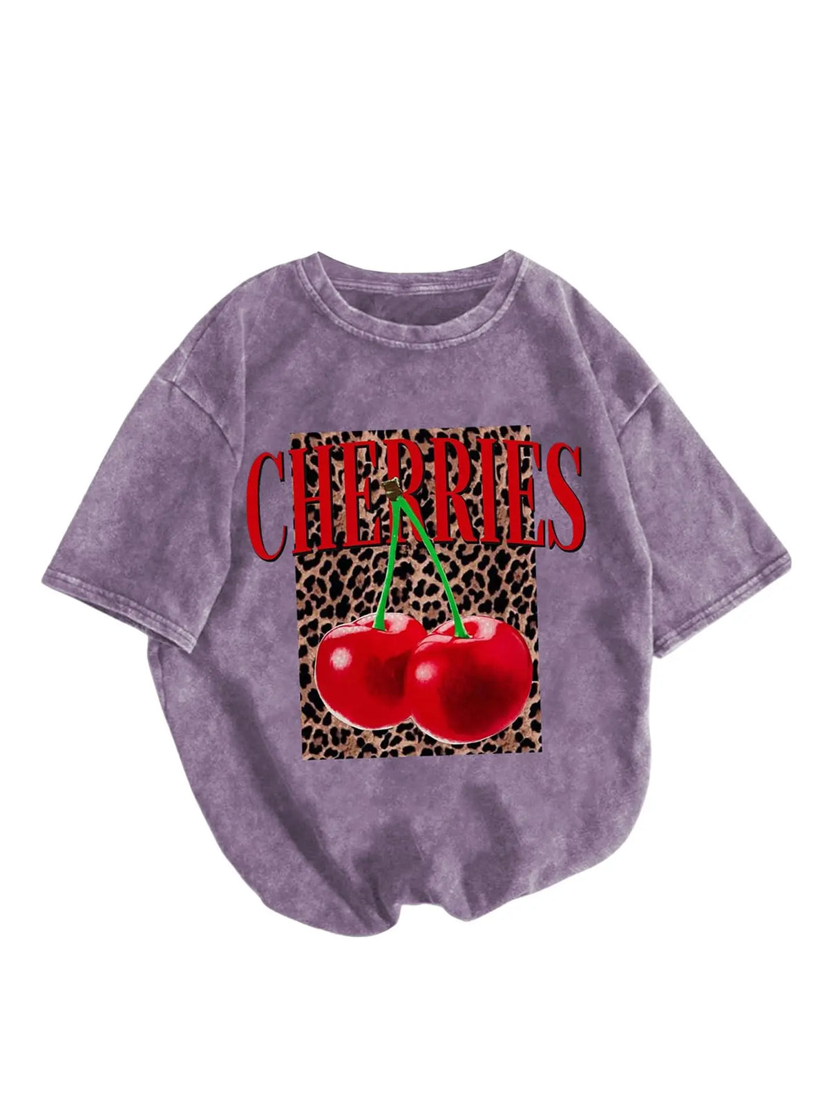 Women's 100% Cotton Washed Short-Sleeve Graphic T-Shirt - Vintage Round Neck Classic Streetwear Apparel, Leopard Cherry Print Casual Lady Top