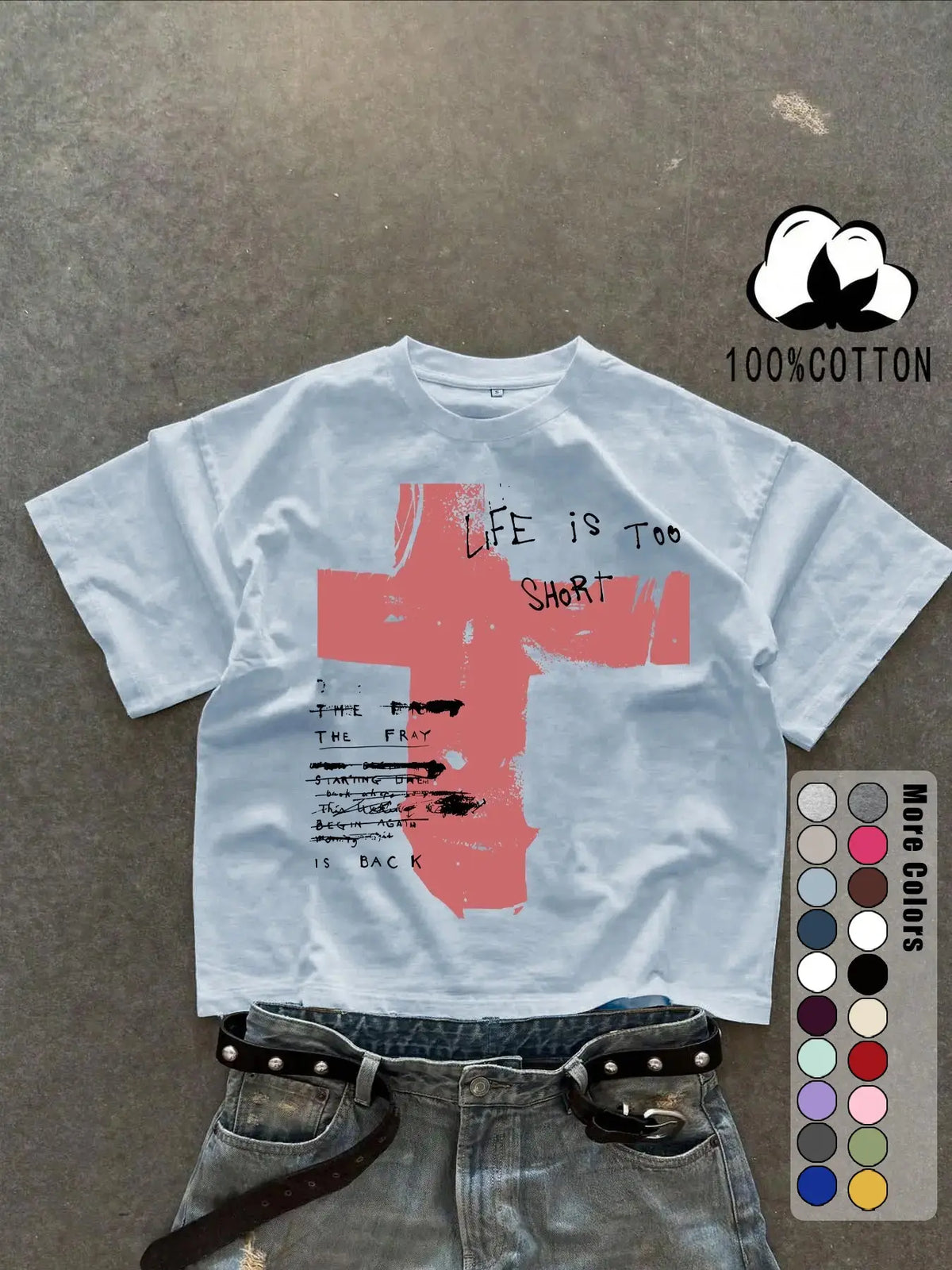 Unisex 100% Cotton Short Sleeve T-Shirt, Cross Graffiti Print, Y2K Dark Gothic Street Style, Streetwear, Casual Daily Wear, Loose-Fitting, Long Length, Aesthetic, Relaxed Fit