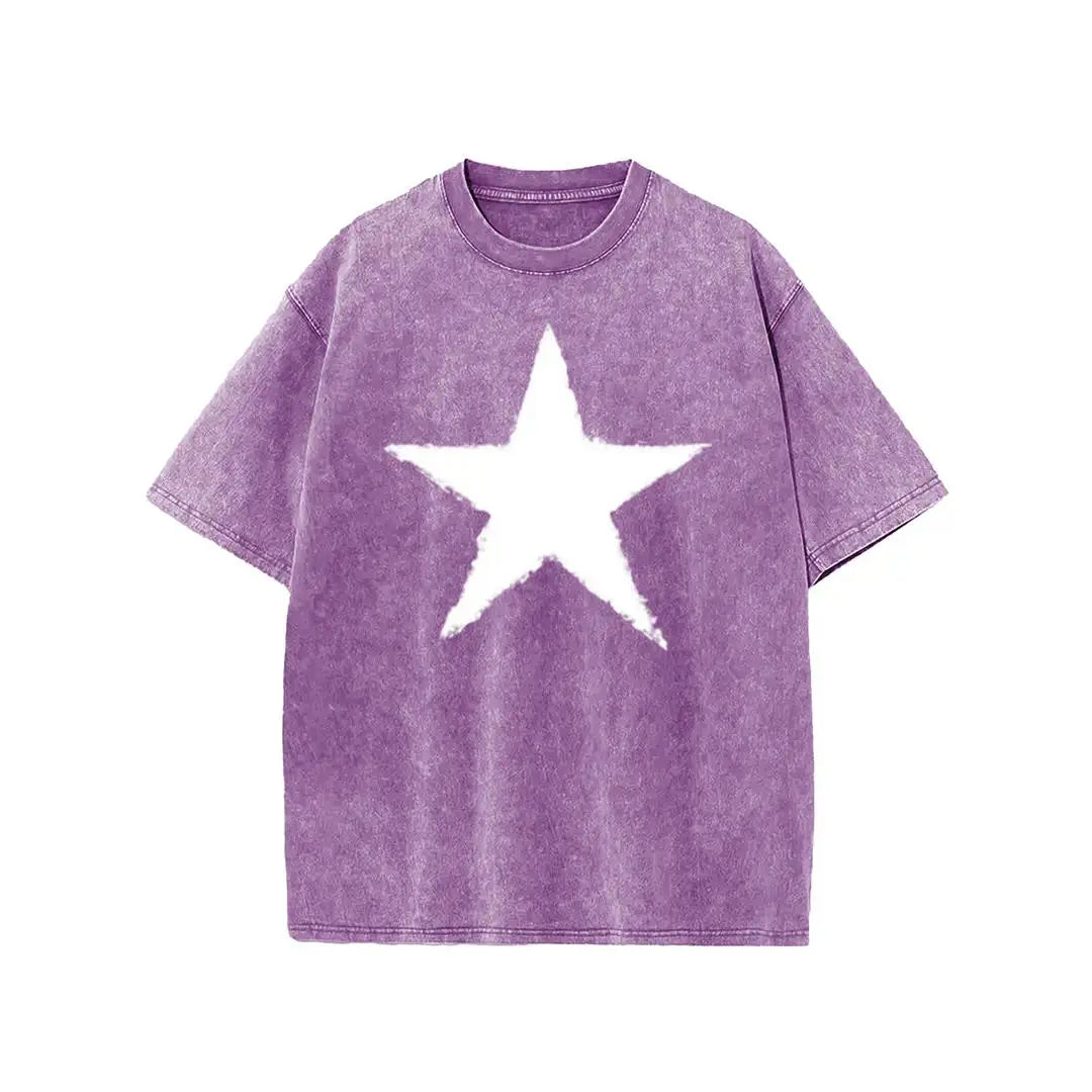 Holafish Star Graphic Acid Wash T-Shirt, Heavyweight Cotton Short Sleeve Tee, Unisex Casual Streetwear Summer Top for Men Women