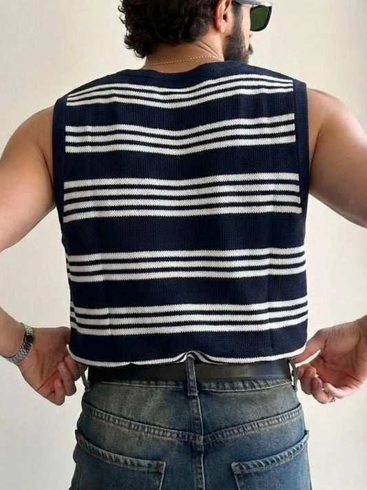 Men's Striped Colorblock Knit Tank Top Vest, Summer Thin Casual Streetwear, Fitted Short Sleeveless Graphic Sweater, Trendy Fashion Apparel, Menswear, Knitted Vest