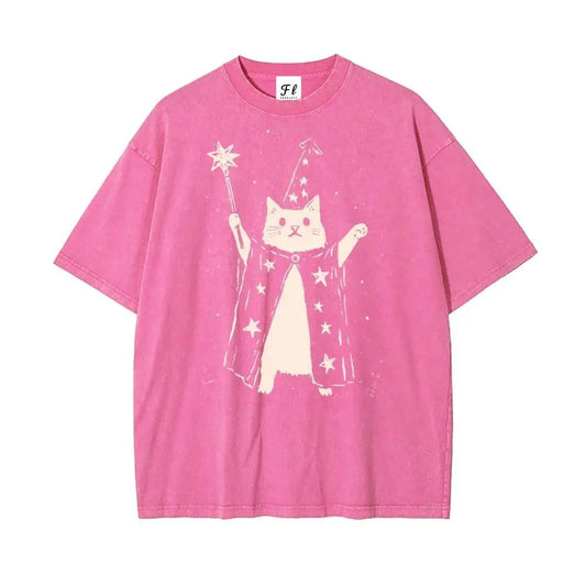 Men's Casual Oversized Soft Washed Cotton Short Sleeve Round Neck Vintage Graphic T-Shirt - Retro Wizard Cat Menswear Top, S,L