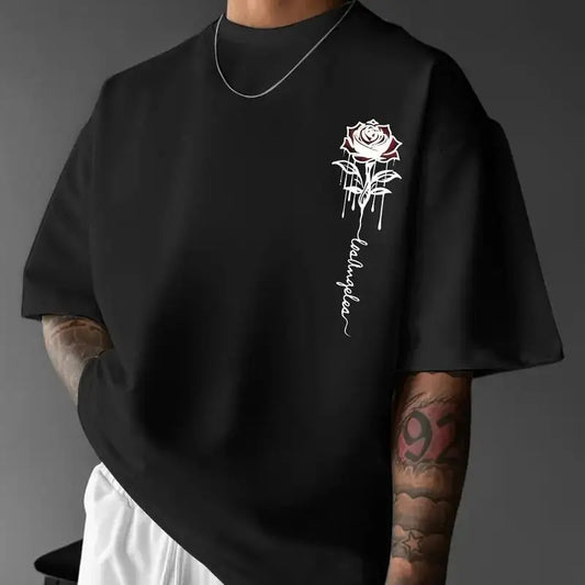 Men's Round Crew Neck Soft Cotton Short-Sleeve Graphic Shirt, Loose Fit Rose Print Quick-Drying Sporty Chic Streetwear Top, Summer Casual Good Graphic Tees, Chinese New Year Basics Menswear Apparel 052,sohochic