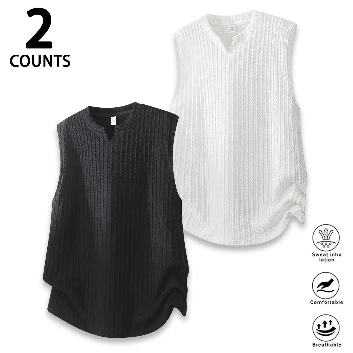Men's Casual Cutout Sleeveless Deep-Neck Vest - Vertical Textured Wrinkle Half-Open Premium Breathable Soft Draping Loose Oversized Tank Top for Daily Casual Wear, Menswear Apparel