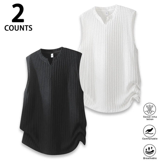 Men's Casual Cutout Sleeveless Deep-Neck Vest - Vertical Textured Wrinkle Half-Open Premium Breathable Soft Draping Loose Oversized Tank Top for Daily Casual Wear, Menswear Apparel