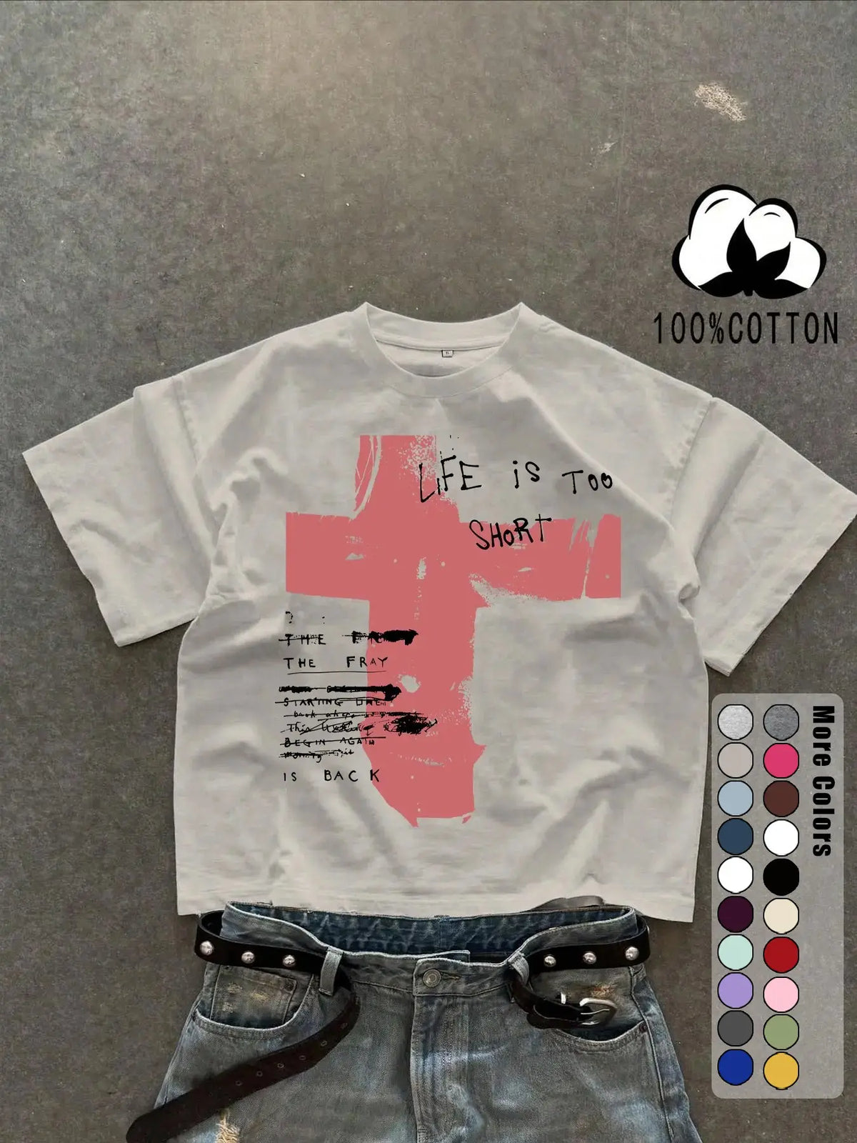 Unisex 100% Cotton Short Sleeve T-Shirt, Cross Graffiti Print, Y2K Dark Gothic Street Style, Streetwear, Casual Daily Wear, Loose-Fitting, Long Length, Aesthetic, Relaxed Fit