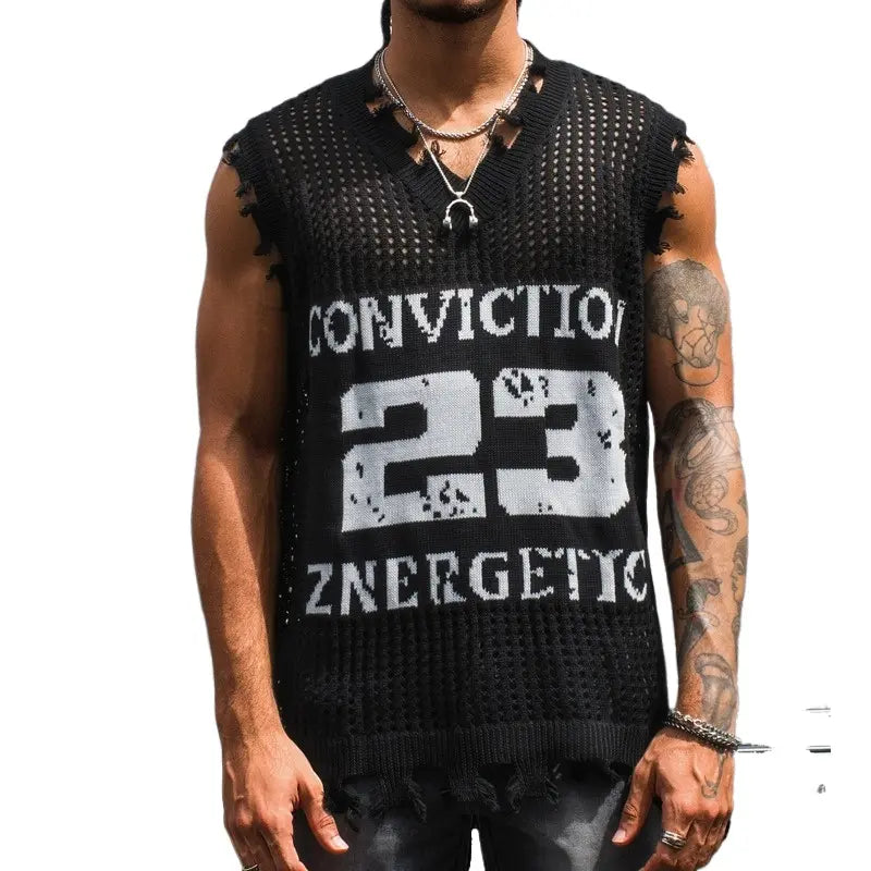 HYPESTFIT Men's Numbered Sleeveless Stretch Plain Knit Vest - Distressed V-Neck Open Knit, Loose-Fit Army Green Knitwear, Edgy Vests for Ballgames/Conventional Settings, Father's Day Gift
