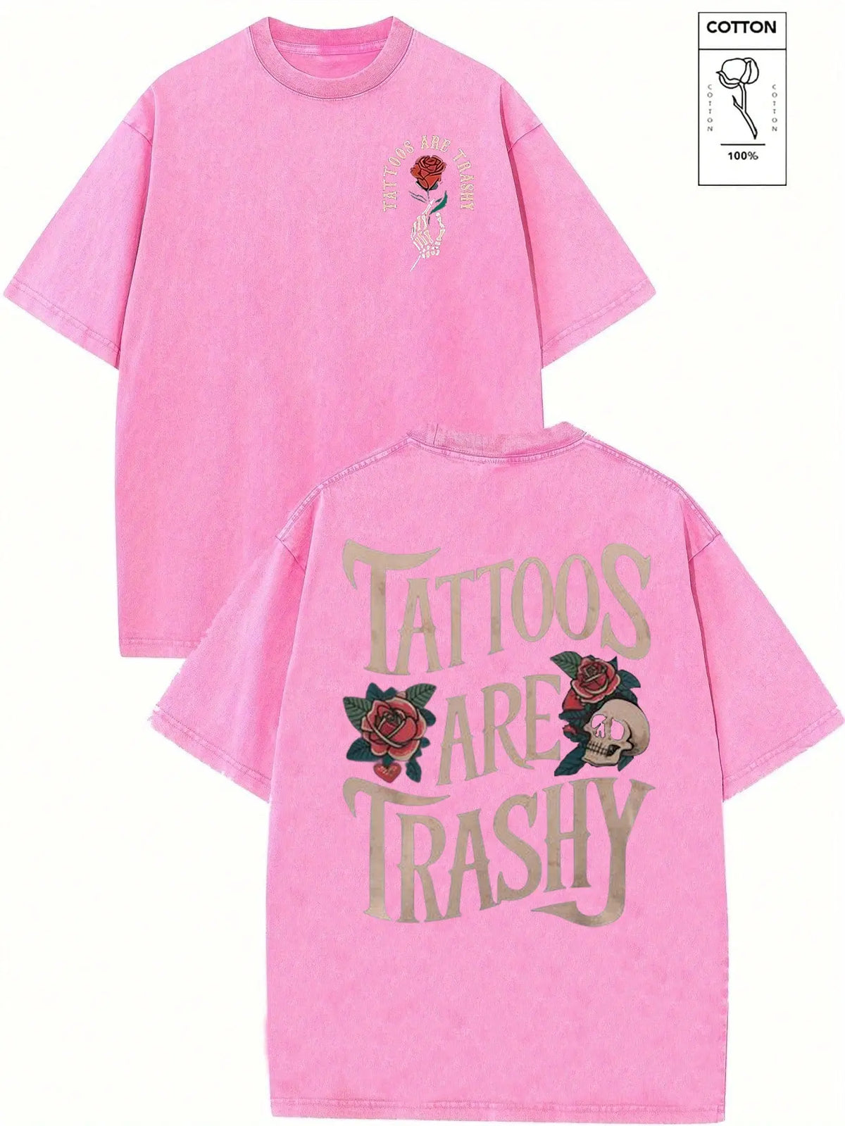 Women's Classic Short-Sleeve Oversized Washed Graphic T-Shirt, Skull Rose Print, Heavyweight Fashion Fabric Streetwear Layer, Casual Summer Top