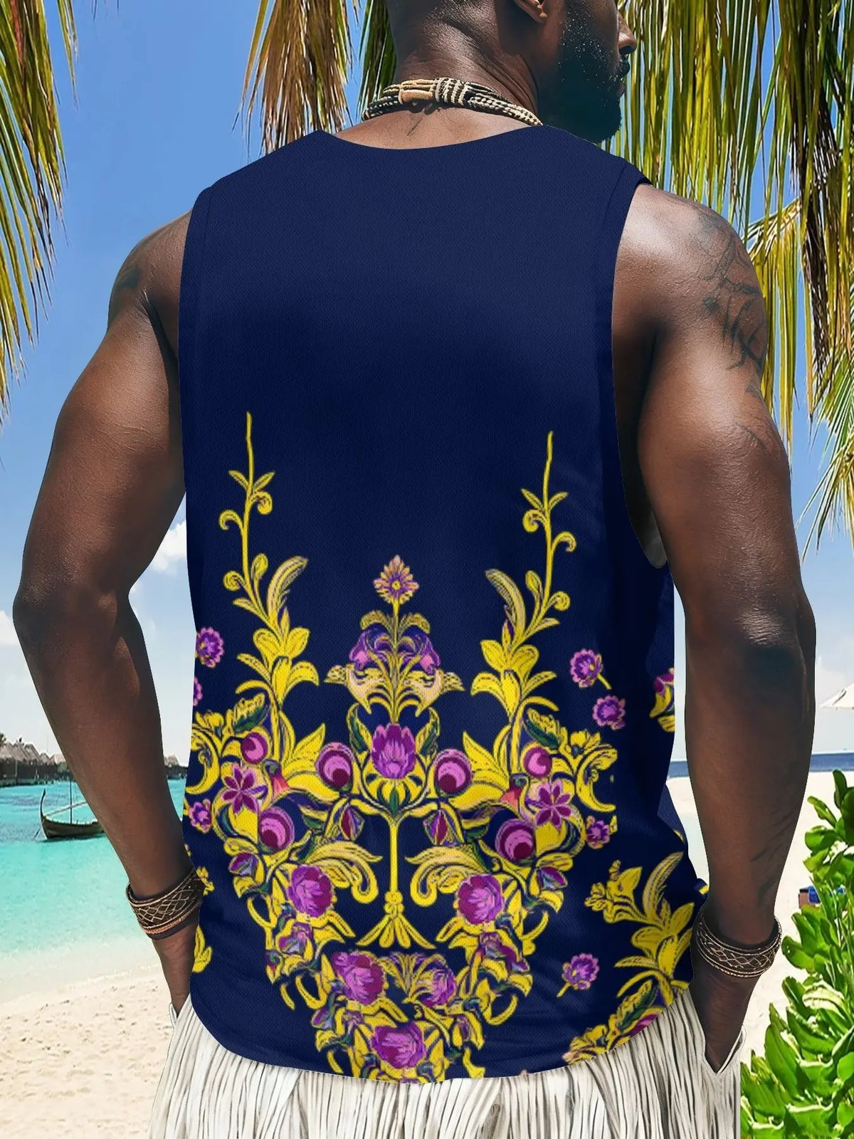 Elegant Baroque Print Vest, European Style Pointed Collar, Sleeveless Casual Top, Perfect for Beach Vacations