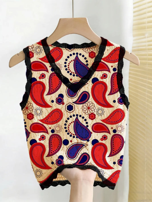 Women's Independence Day Paisley Floral Print V-Neck Sweater Vest, Casual Sleeveless Knit Top, Breathable Summer Clothing