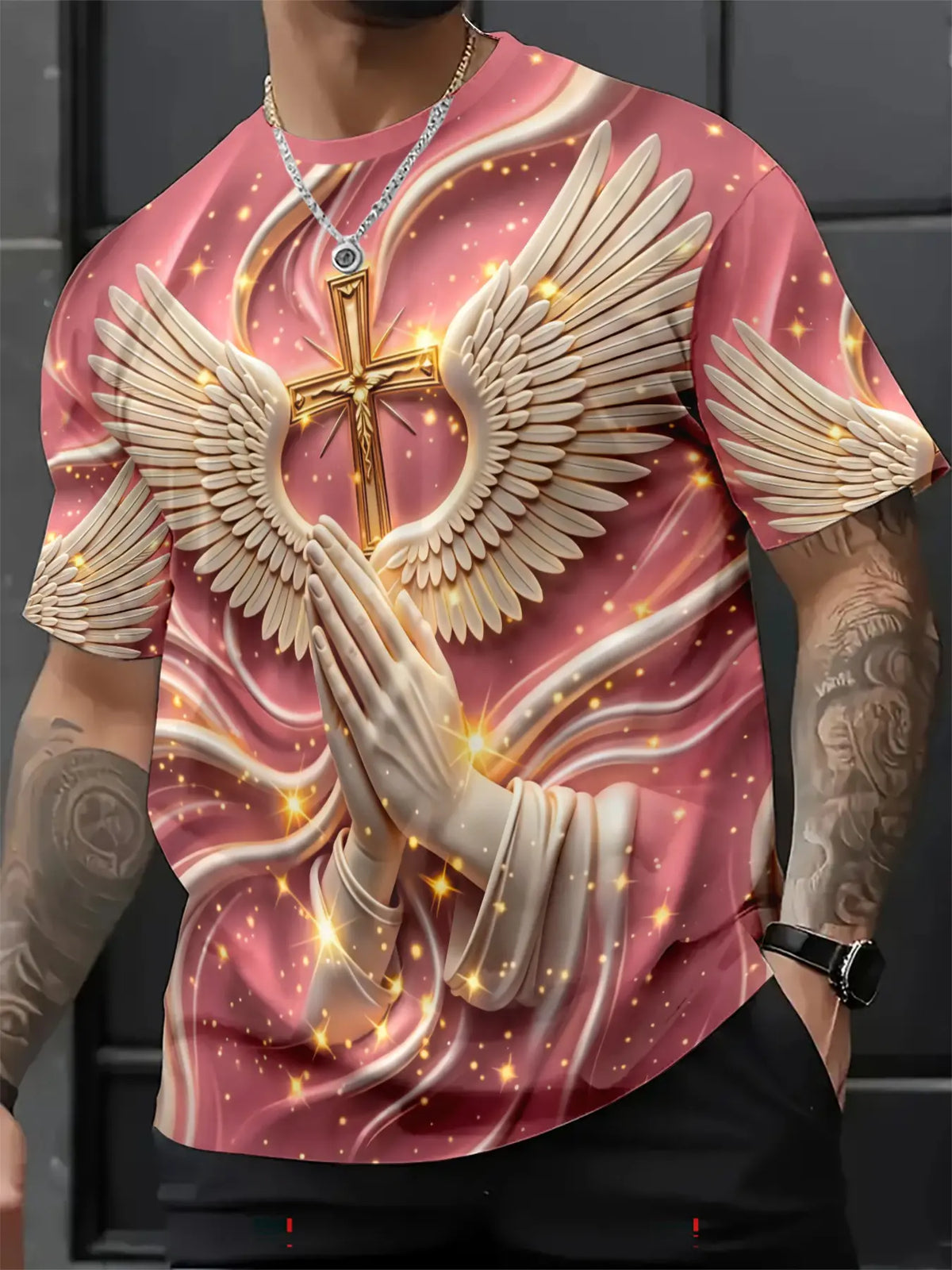 Men's Religious Prayer Angel Wings Cross 3D High Definition Graphic Print T-Shirt, Round Neck Short Sleeve Slim-Fit Summer Streetwear Stylish Tee