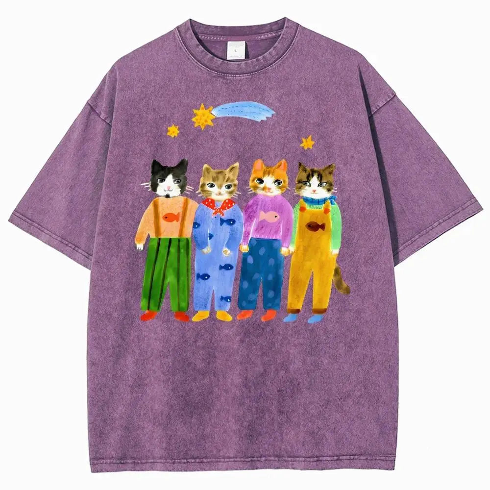 Women's Retro Hand-Painted Funny Cats in Overalls Short-Sleeve Cotton T-Shirt - Breathable Oversized Fit Streetwear Top for Vacation Outfits, Funny Graphic Tee