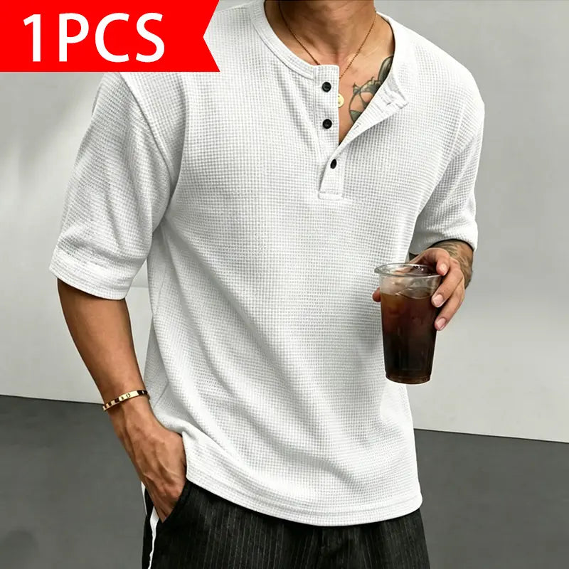 Men’s Classic Waffle-Knit Henley-Collar Short-Sleeve T-Shirt - Small Stand Collar, Half-Button Placket, Breathable Textured Knit Fabric, Relaxed Drop-Shoulder Casual Fit, Solid Basics Streetwear Top for Casual Everyday Wear