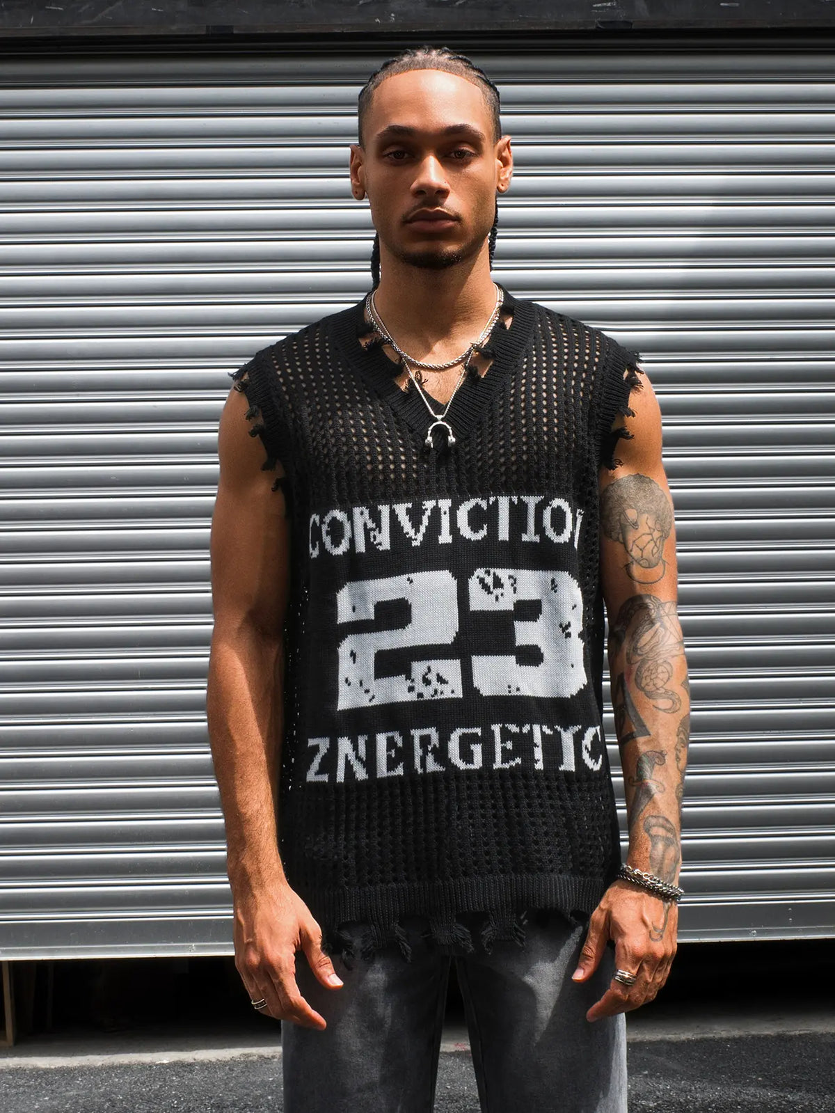 HYPESTFIT Men's Numbered Sleeveless Stretch Plain Knit Vest - Distressed V-Neck Open Knit, Loose-Fit Army Green Knitwear, Edgy Vests for Ballgames/Conventional Settings, Father's Day Gift