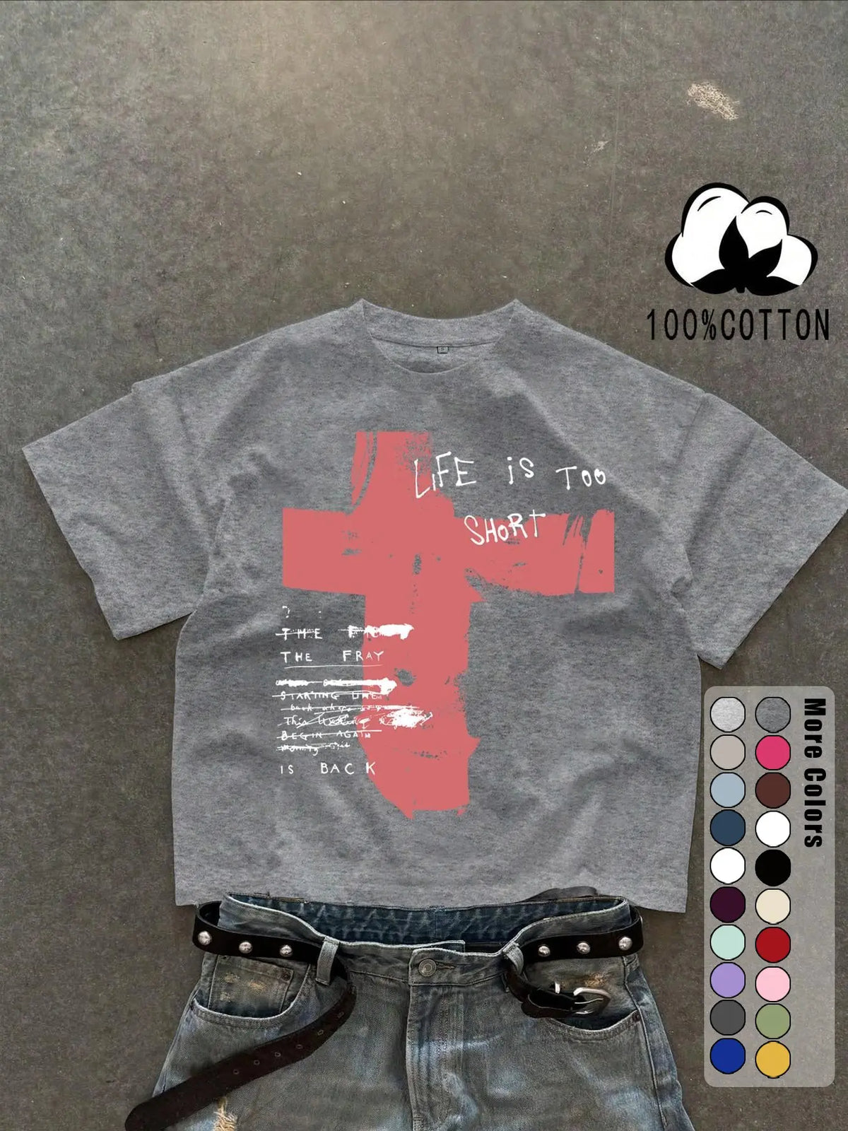 Unisex 100% Cotton Short Sleeve T-Shirt, Cross Graffiti Print, Y2K Dark Gothic Street Style, Streetwear, Casual Daily Wear, Loose-Fitting, Long Length, Aesthetic, Relaxed Fit