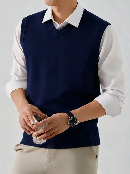 Men's V-neck Knit Vest - Menswear Tops, Polyester, Spring/Autumn Business Casual Sleeveless Basic Layerable Solid Color Vest