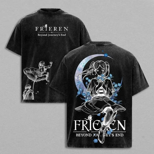 Men's Frieren Beyond Journey’s End Oversized Vintage Washed Heavy Cotton Classic T-Shirt - Soft, Simple Short-Sleeve Unisex Crew Neck Graphic Top, Fantasy Healing Journey Japanese Anime Manga Merch, Casual Menswear, Cold Wash & Machine Washable