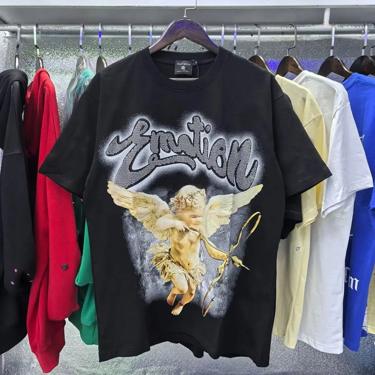 RMIXED EMOTION Rhinestone Graphic T-Shirt Men Women Oversized Cotton Tee Short Sleeve Crew Neck Streetwear Top Angel Print Gothic Y2K Hip Hop Casual Summer Shirt