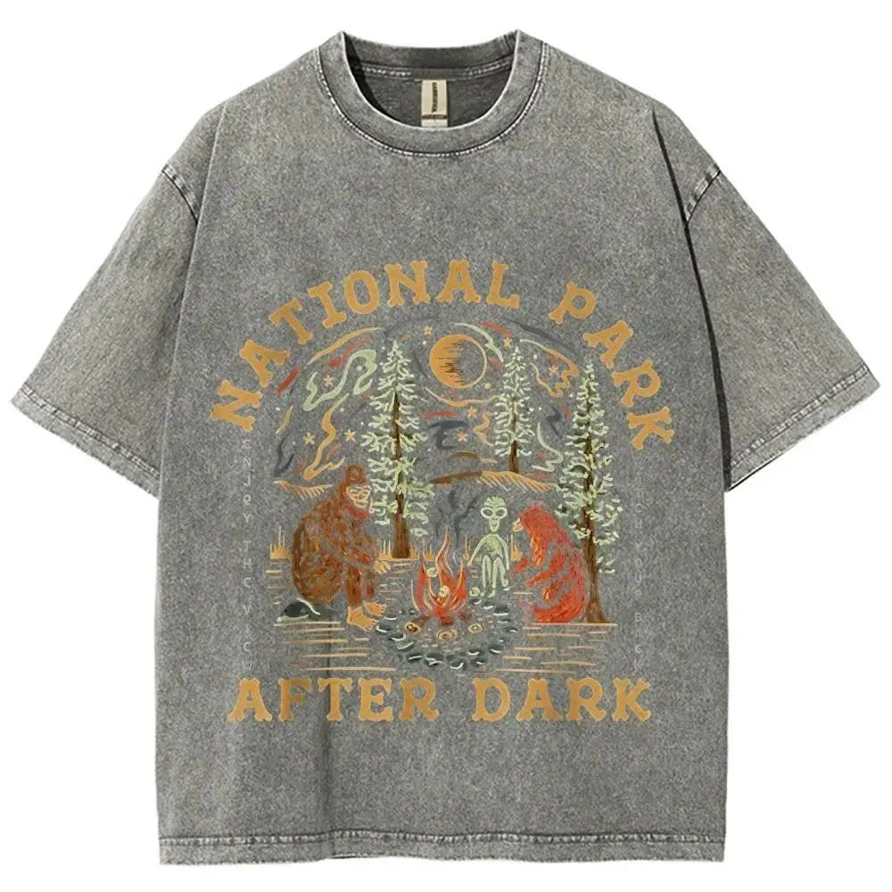 Women's Cotton Shortsleeve Graphic Tshirt - Relaxed Fit Round Neck Breathable Top, Retro National Park After Dark All Over Print, Everyday Casual Style for Daily Commuting