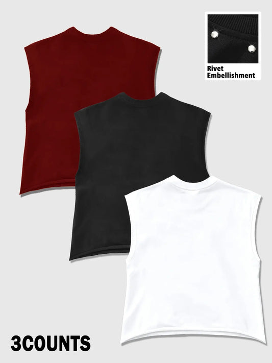 Unisex High Street Casual Rivet Sleeveless Vest, Vintage Hip Hop Graphic Top, Round Neck Wide Shoulder, Loose Fit, Relaxed Fit for All Body Types