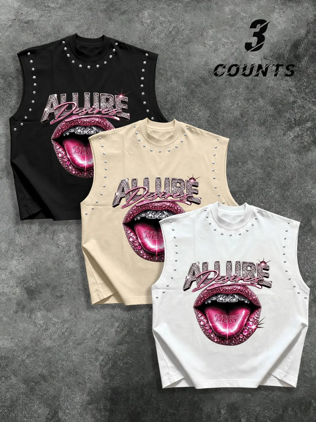 Men's Rivet Trim Diamond Lip Letter Print Graphic Sleeveless Vest Set, American Style Streetwear, Loose Fit, Three-Piece