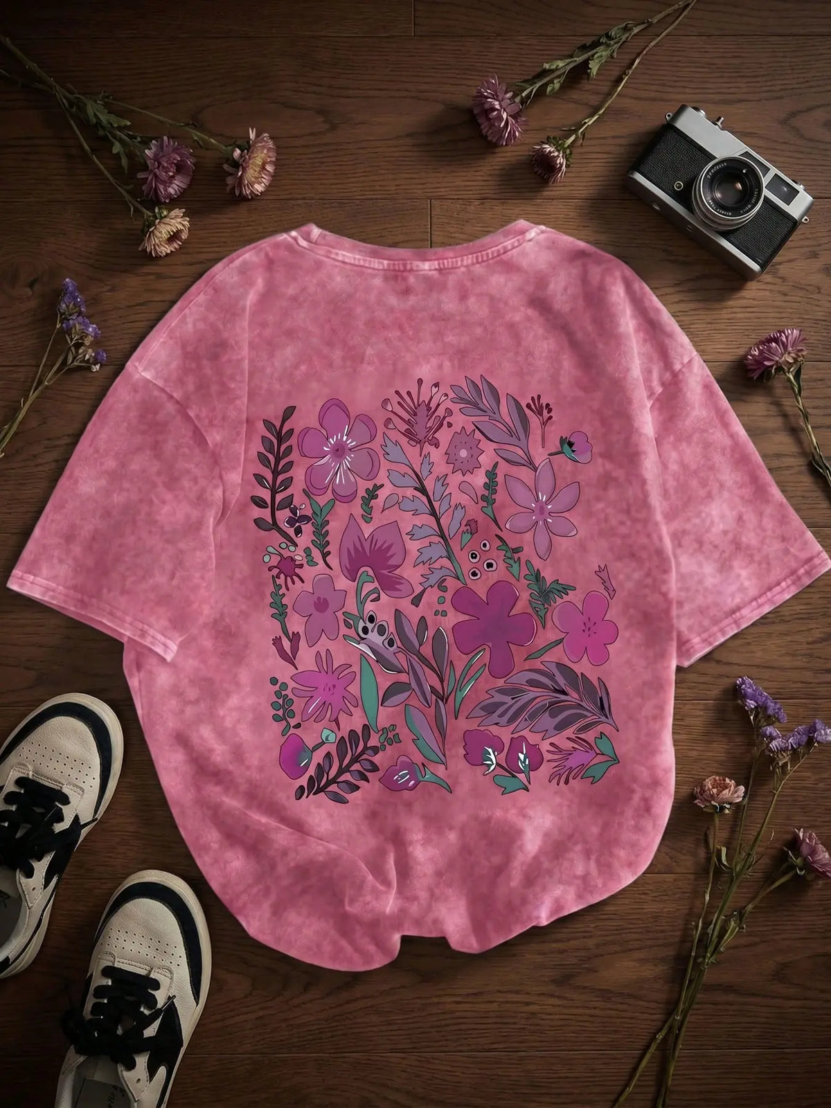 Women's 100% Washed Cotton Round Neck Short-Sleeve T-Shirt - Casual Relaxed-Fit Rural-Style Floral Print Comfortable Top for Daily Wear, Shortsleeve