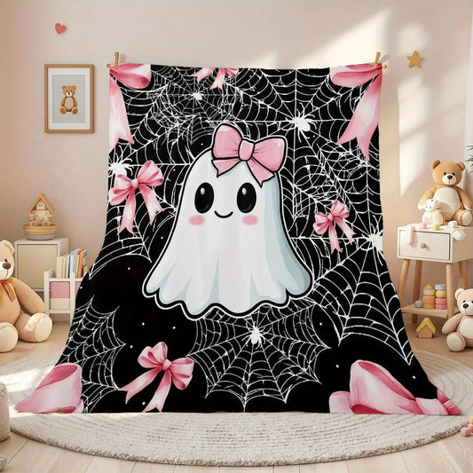 1 Piece Halloween Ghost Pink Bow Spider Web Theme Flannel Blanket, Soft and Warm Plush, Super Comfortable, Suitable for Living Room, Bedroom, Travel and Camping, Family Holiday Decoration,Air-conditioned Room Accessory