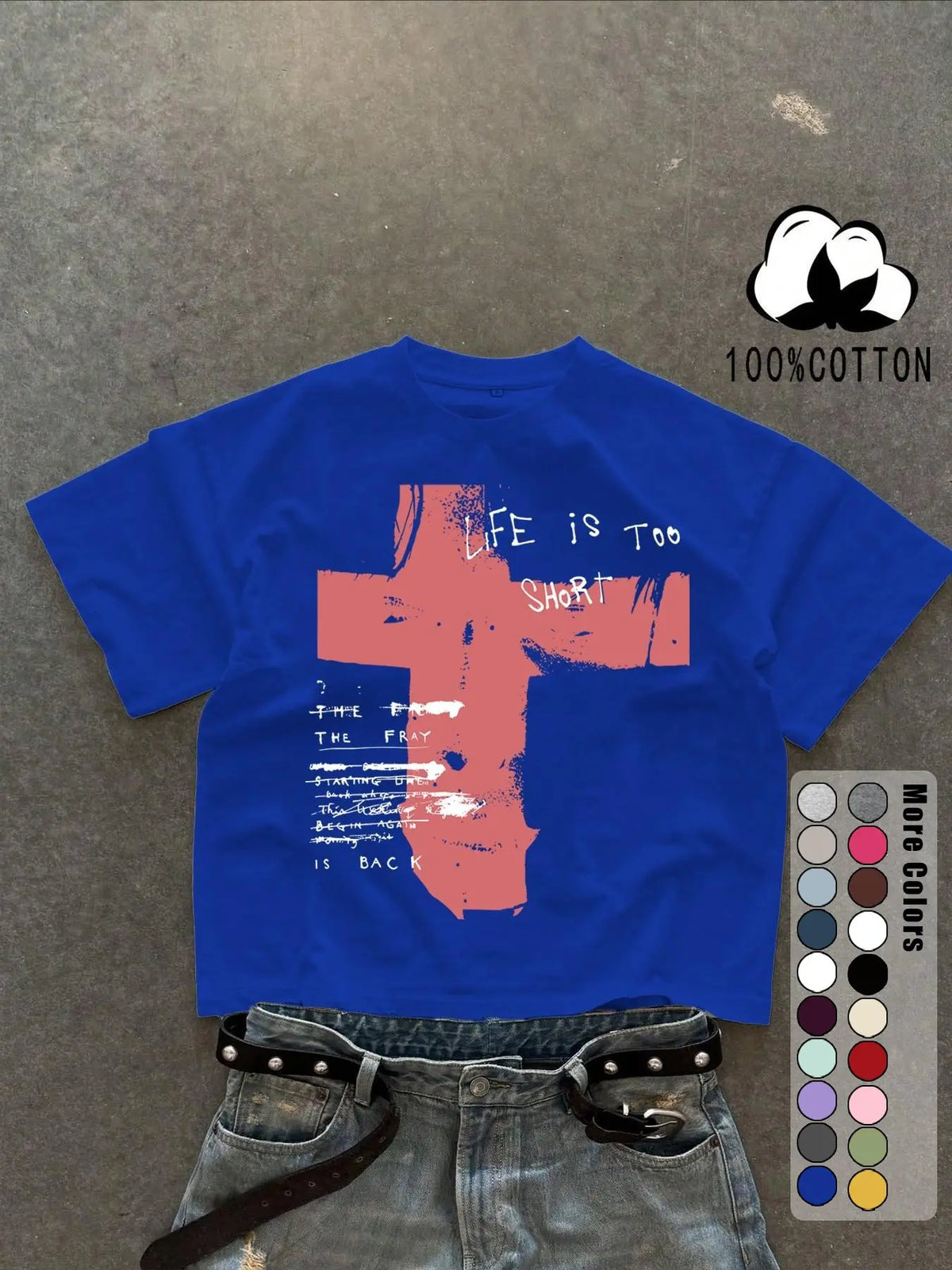 Unisex 100% Cotton Short Sleeve T-Shirt, Cross Graffiti Print, Y2K Dark Gothic Street Style, Streetwear, Casual Daily Wear, Loose-Fitting, Long Length, Aesthetic, Relaxed Fit