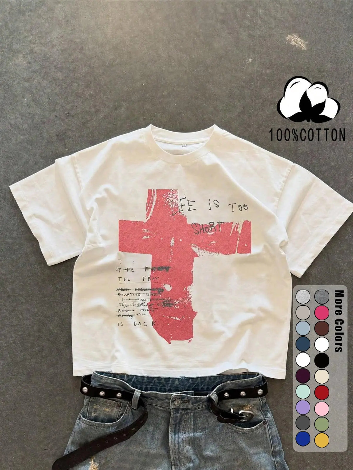 Unisex 100% Cotton Short Sleeve T-Shirt, Cross Graffiti Print, Y2K Dark Gothic Street Style, Streetwear, Casual Daily Wear, Loose-Fitting, Long Length, Aesthetic, Relaxed Fit