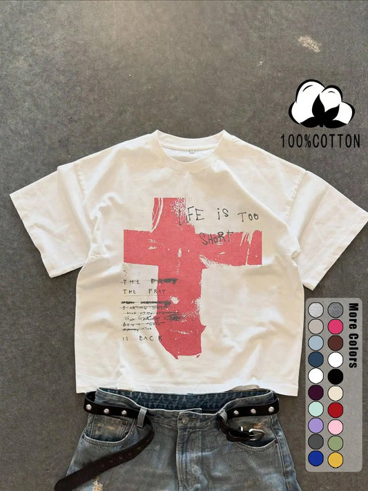 Unisex 100% Cotton Short Sleeve T-Shirt, Cross Graffiti Print, Y2K Dark Gothic Street Style, Streetwear, Casual Daily Wear, Loose-Fitting, Long Length, Aesthetic, Relaxed Fit
