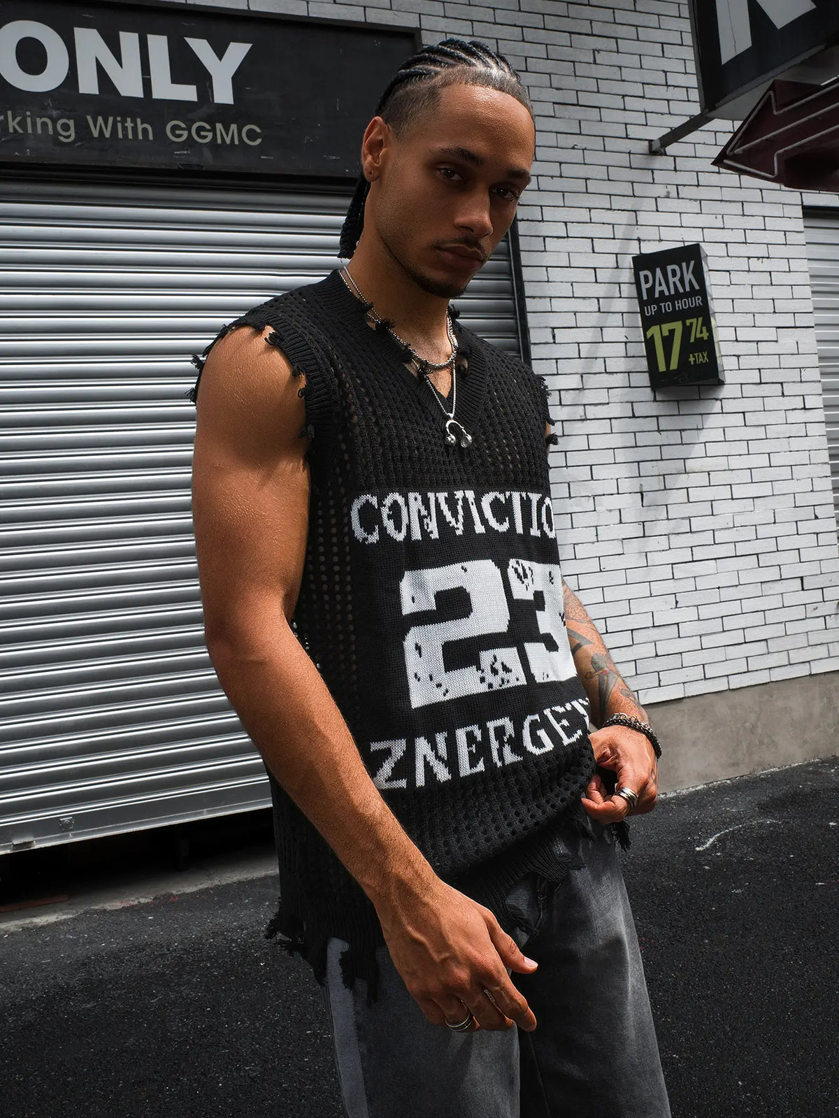 HYPESTFIT Men's Numbered Sleeveless Stretch Plain Knit Vest - Distressed V-Neck Open Knit, Loose-Fit Army Green Knitwear, Edgy Vests for Ballgames/Conventional Settings, Father's Day Gift