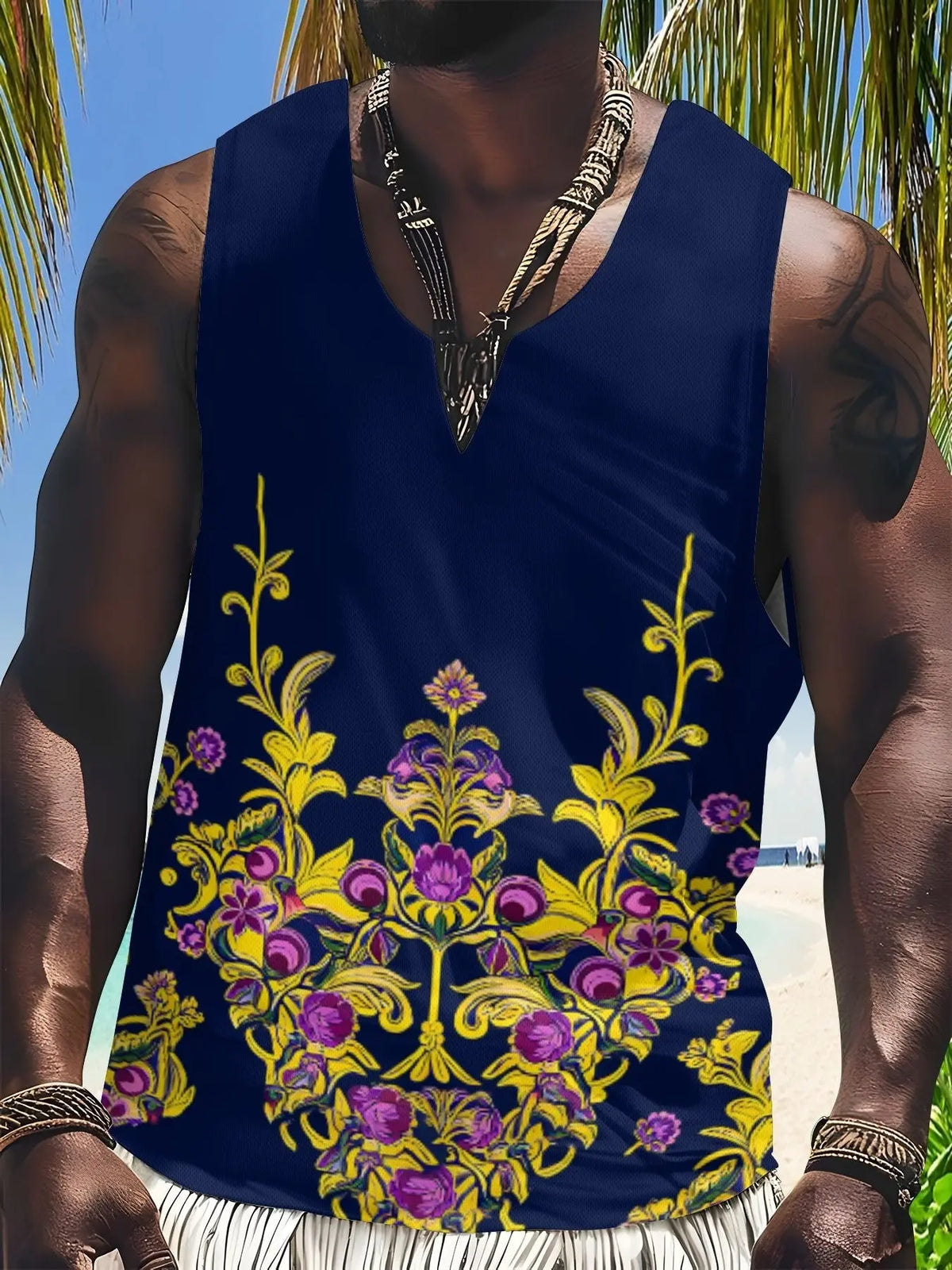 Elegant Baroque Print Vest, European Style Pointed Collar, Sleeveless Casual Top, Perfect for Beach Vacations