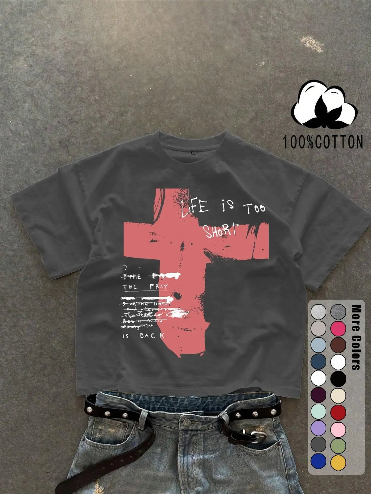 Unisex 100% Cotton Short Sleeve T-Shirt, Cross Graffiti Print, Y2K Dark Gothic Street Style, Streetwear, Casual Daily Wear, Loose-Fitting, Long Length, Aesthetic, Relaxed Fit