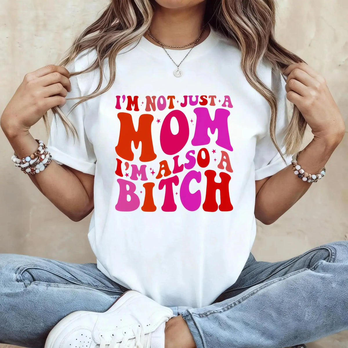 Men's Casual Round Neck Short-Sleeve Top T-Shirt - "I'm Not Just A Mom I'm Also A Bitch" Printed Unisex Casual Apparel, Foldable Light, Made in USA (Childrens Day Pick)