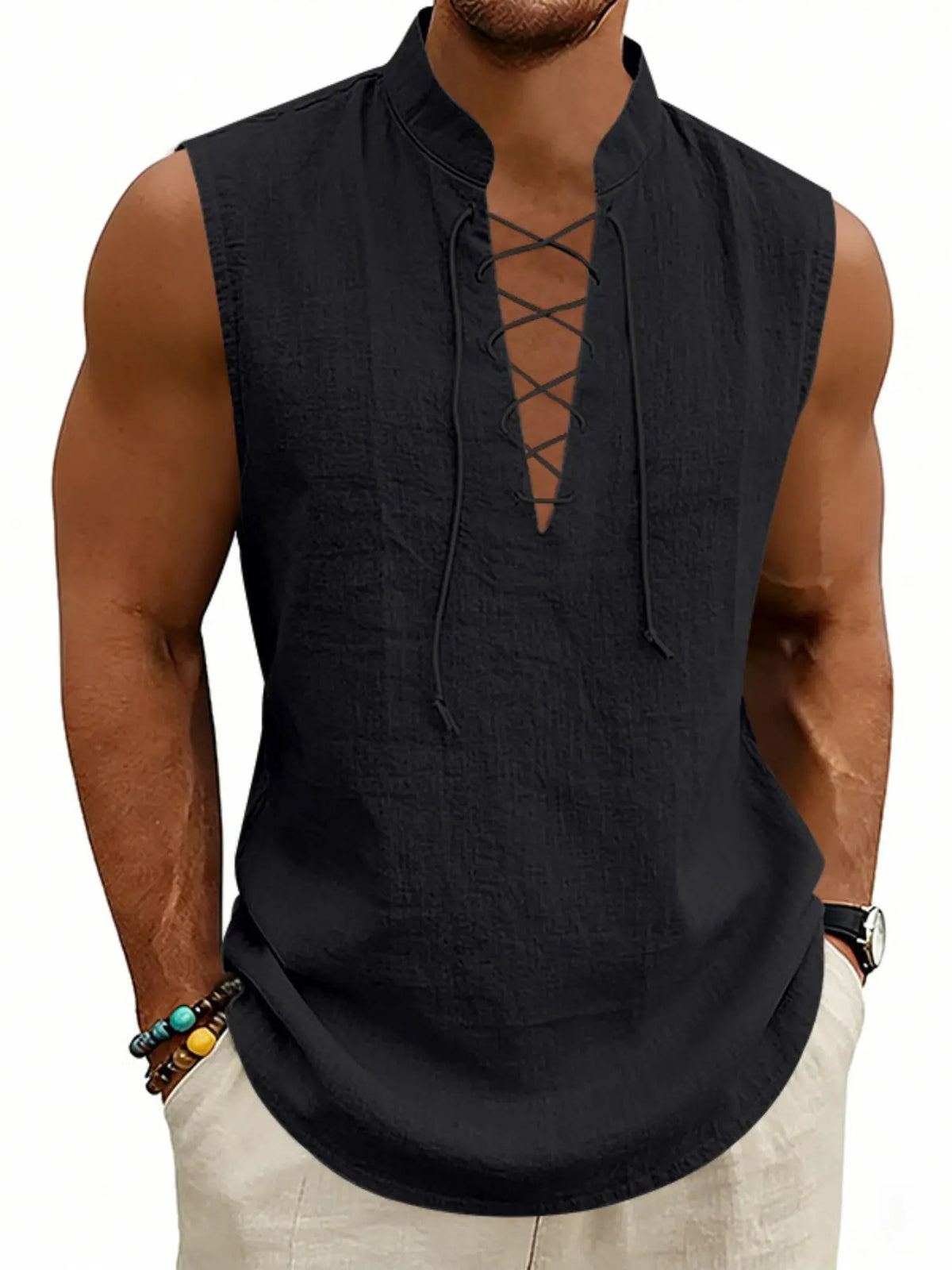American Summer Loose Casual Men's Viking Medieval Drawstring Linen Breathable Sleeveless Design Tank Top, Comfortable and Stylish Unisex Clothing
