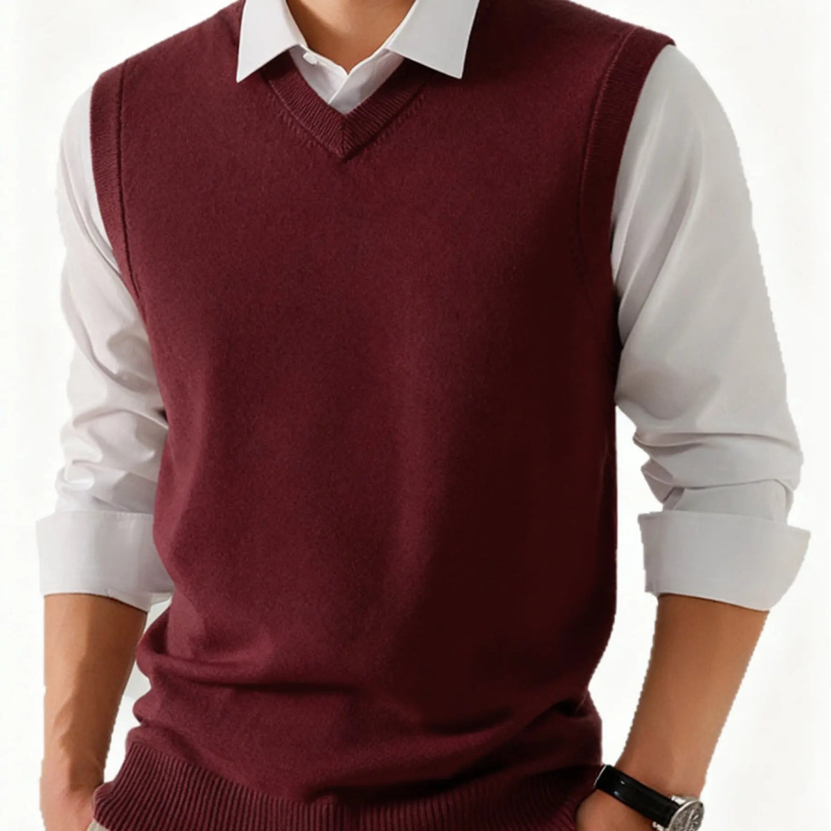 Men's V-neck Knit Vest - Menswear Tops, Polyester, Spring/Autumn Business Casual Sleeveless Basic Layerable Solid Color Vest