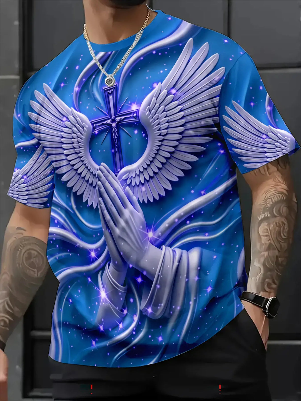 Men's Religious Prayer Angel Wings Cross 3D High Definition Graphic Print T-Shirt, Round Neck Short Sleeve Slim-Fit Summer Streetwear Stylish Tee