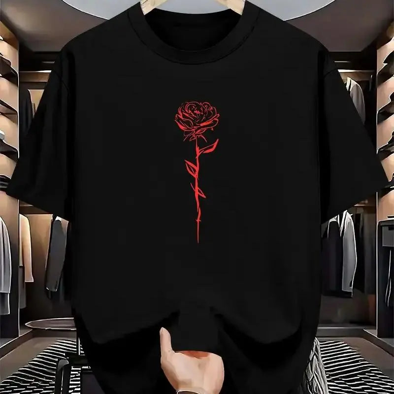 Men's Round Crew Neck Soft Cotton Short-Sleeve Graphic Shirt, Loose Fit Rose Print Quick-Drying Sporty Chic Streetwear Top, Summer Casual Good Graphic Tees, Chinese New Year Basics Menswear Apparel 052,sohochic