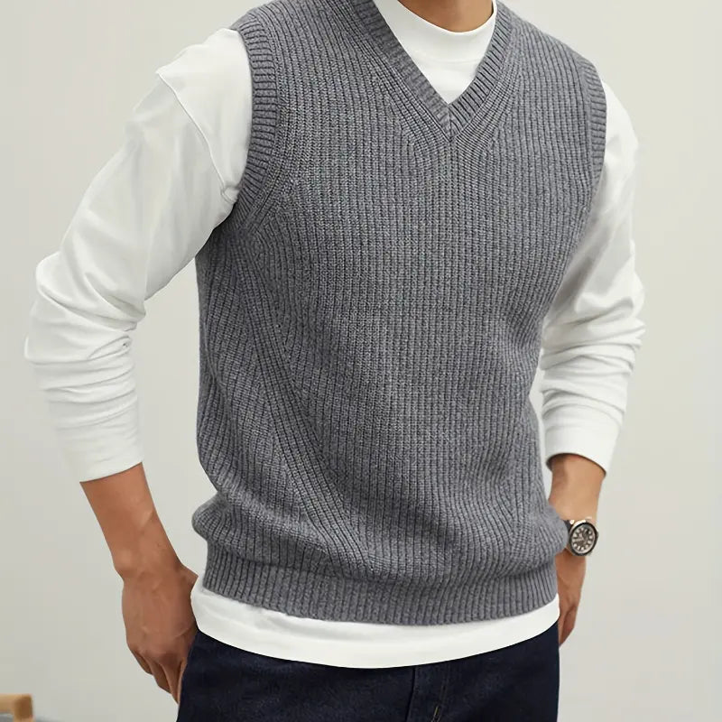 Menswear Stretch V Neck Sweater Vest Pullover Solid Color Sleeveless Preppy Style Black Collar for Fall Winter Nylon Fabric Beige Tops Casual Knit Wool