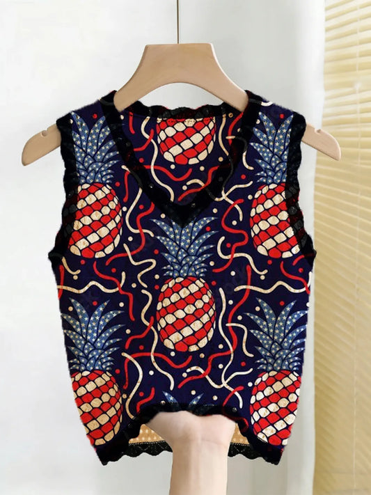 Women's Independence Day Pineapple Pattern Star Flag Print V-Neck Sweater Vest, Casual Sleeveless Knit Top, Breathable Summer Clothing