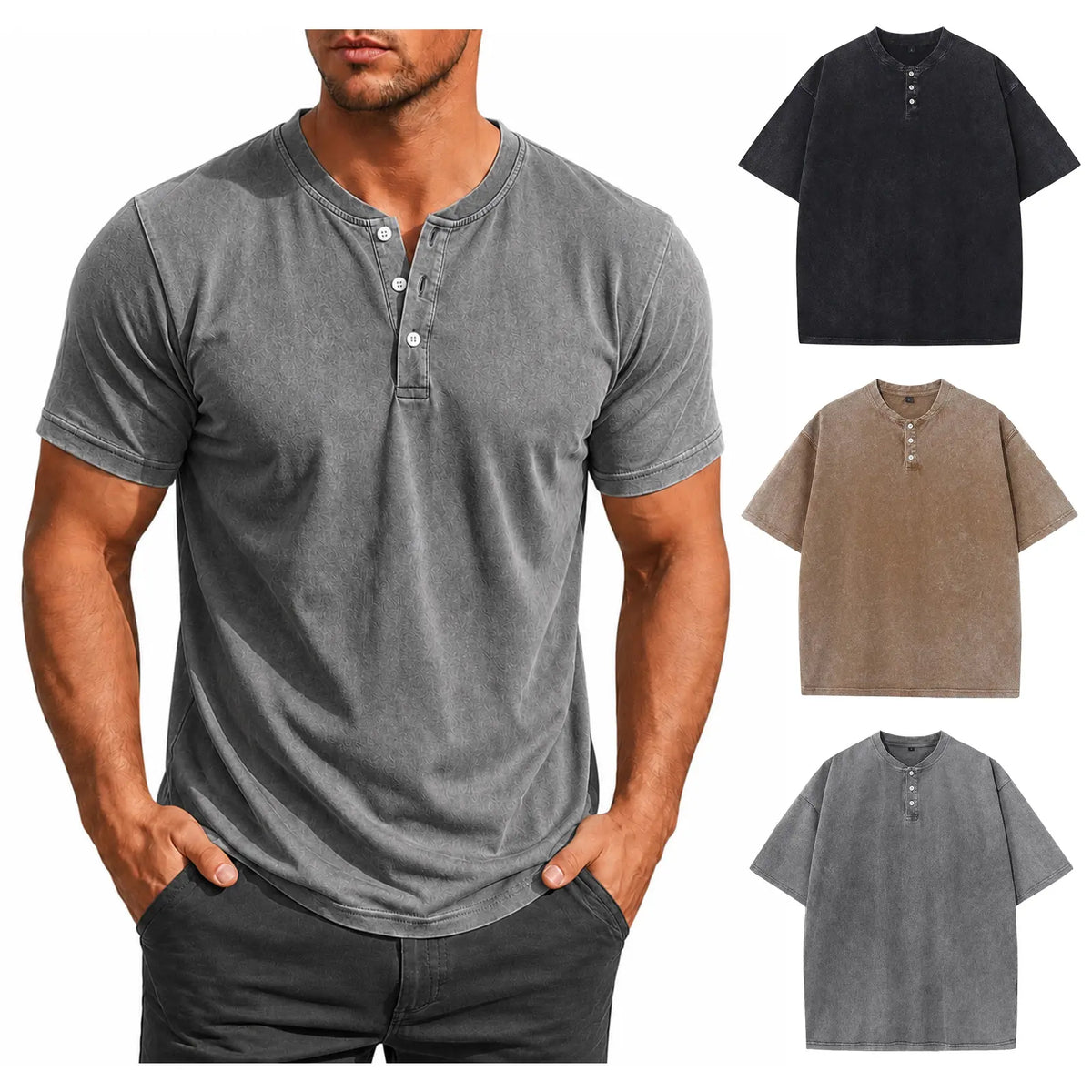 Gihuo Men's 3-Pack Cotton Acid Wash Vintage Casual Short-Sleeve Henley Shirts Loose Menswear Streetwear Apparel Tees