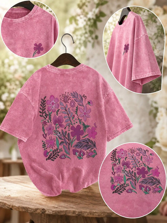 Women's 100% Washed Cotton Round Neck Short-Sleeve T-Shirt - Casual Relaxed-Fit Rural-Style Floral Print Comfortable Top for Daily Wear, Shortsleeve